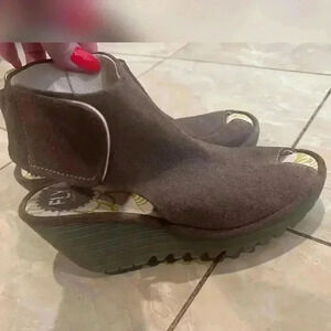 Fly London Yone Brown Suede Peep Toe Wedges